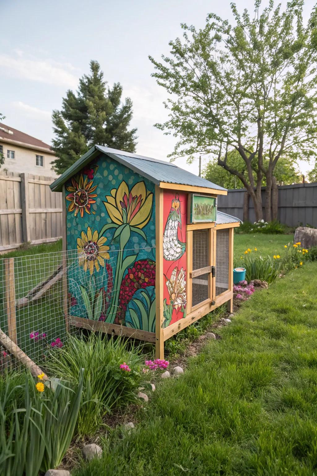 An artistic quail coop that serves as a colorful backyard focal point.