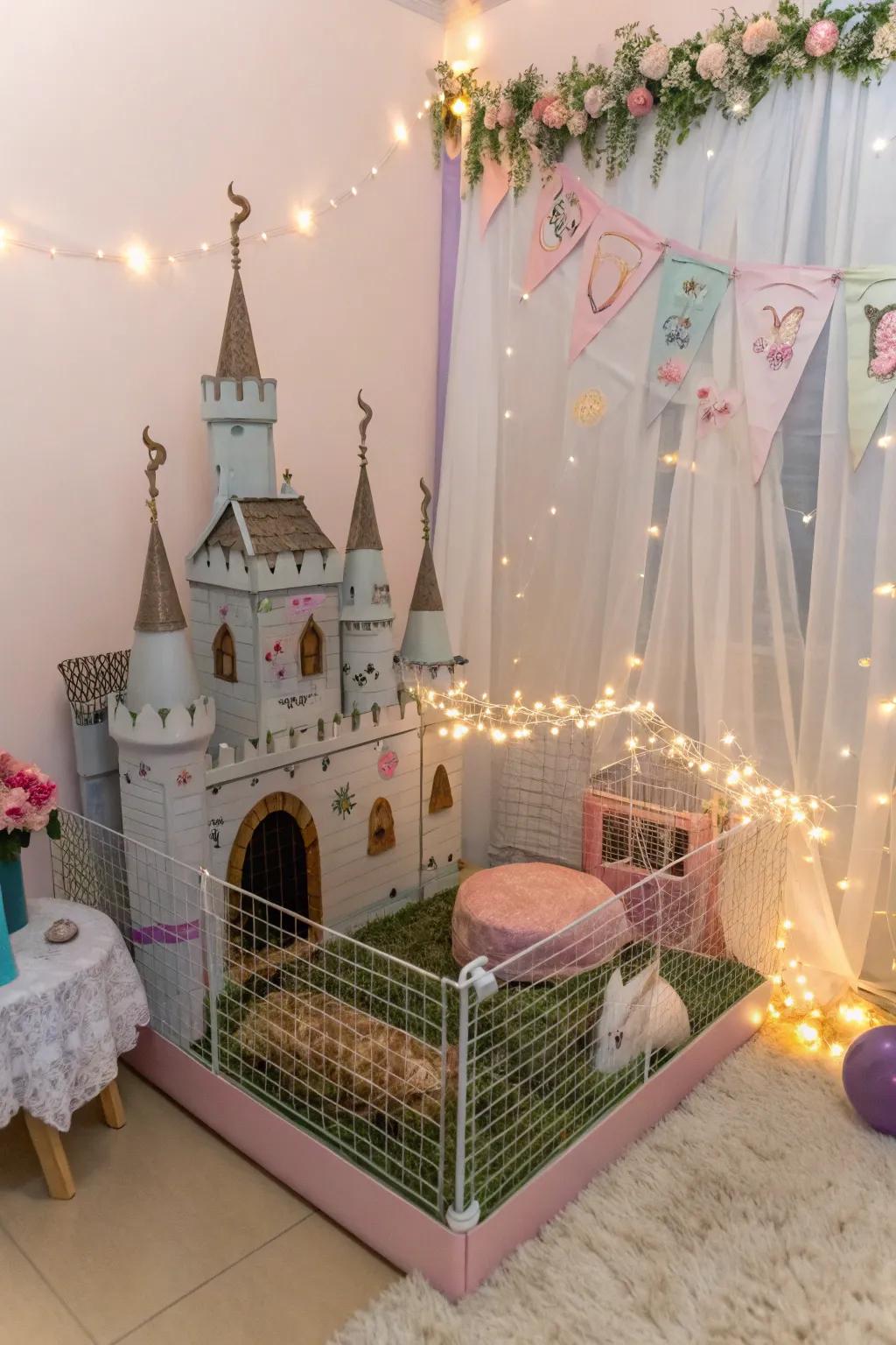 A custom-themed rabbit cage with a fairytale castle design.