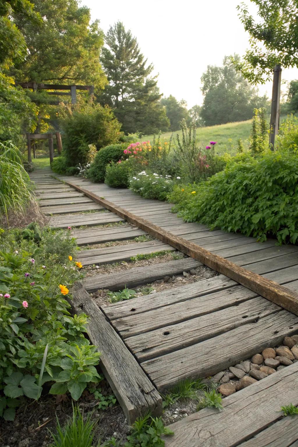 A rustic deck crafted from railroad ties.