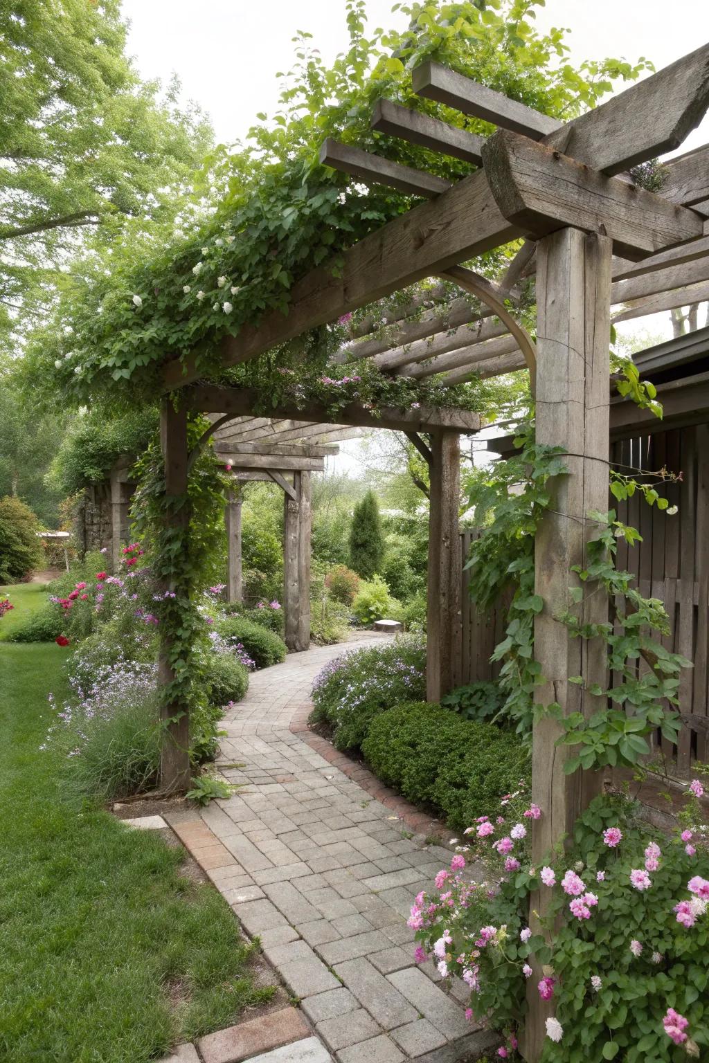 Shade and style meet with a railroad tie pergola.