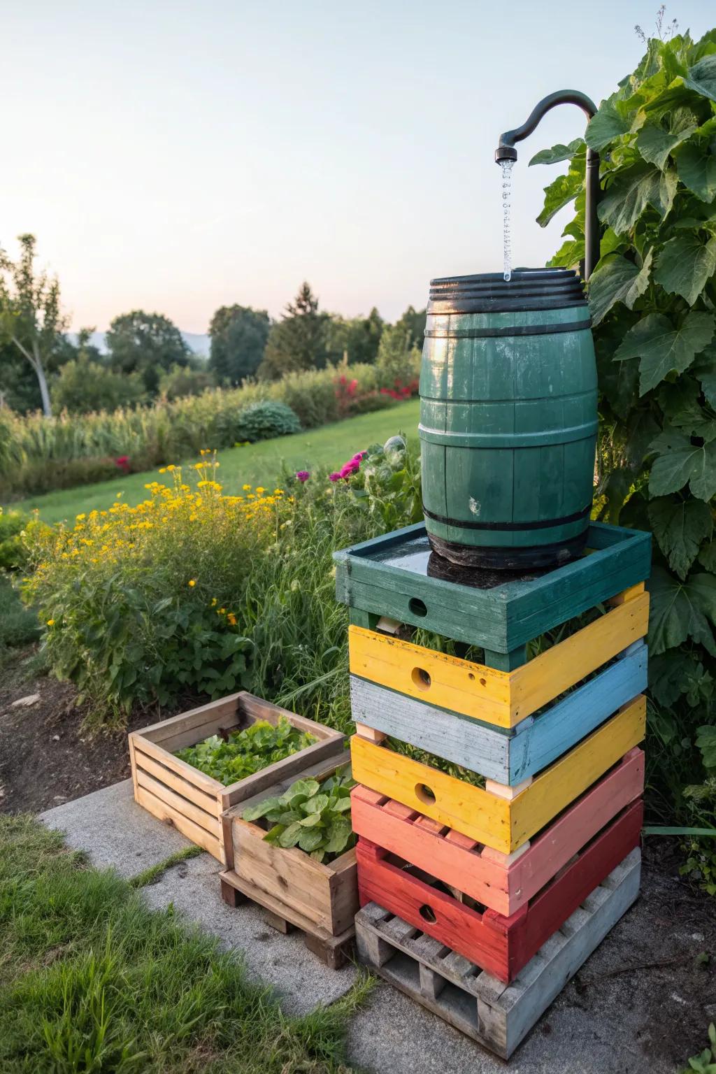A colorful crate stand bringing vibrancy to the garden