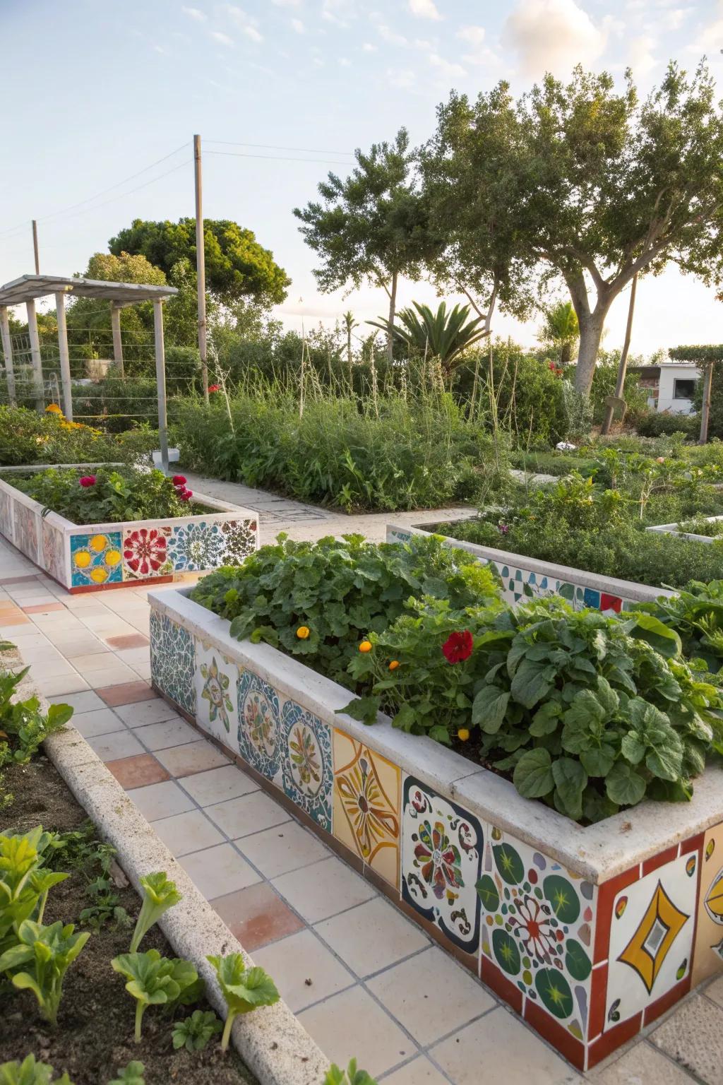 Colorful tiles add a playful and artistic touch to garden borders.