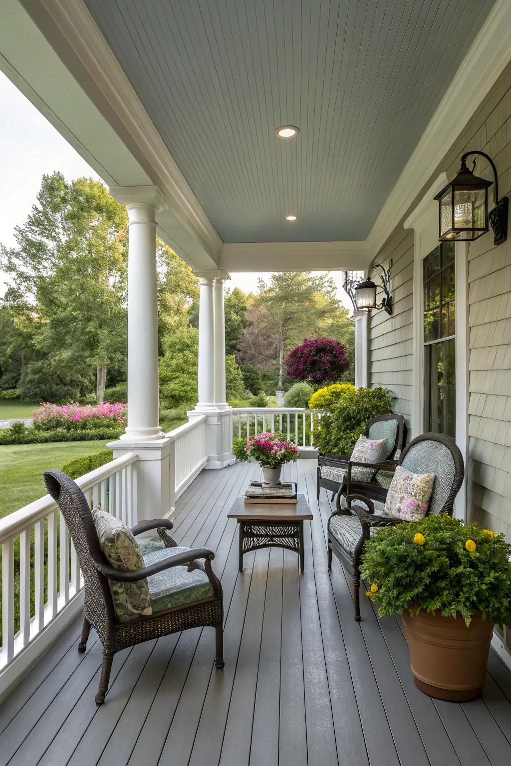 A raised porch with a symmetrical arrangement of furniture and decor.