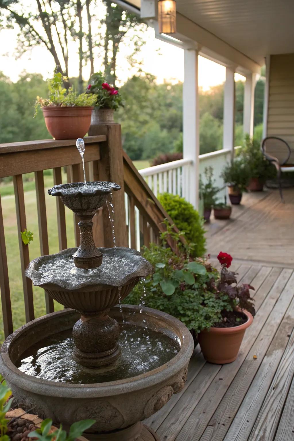 A calming water feature adding tranquility to a raised porch.