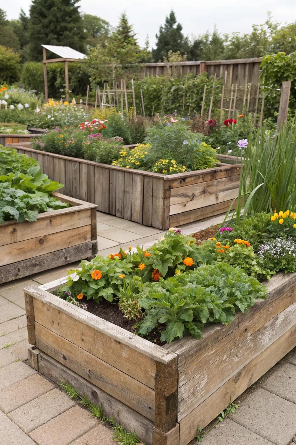 Built-in seating on garden beds offers comfort and convenience.