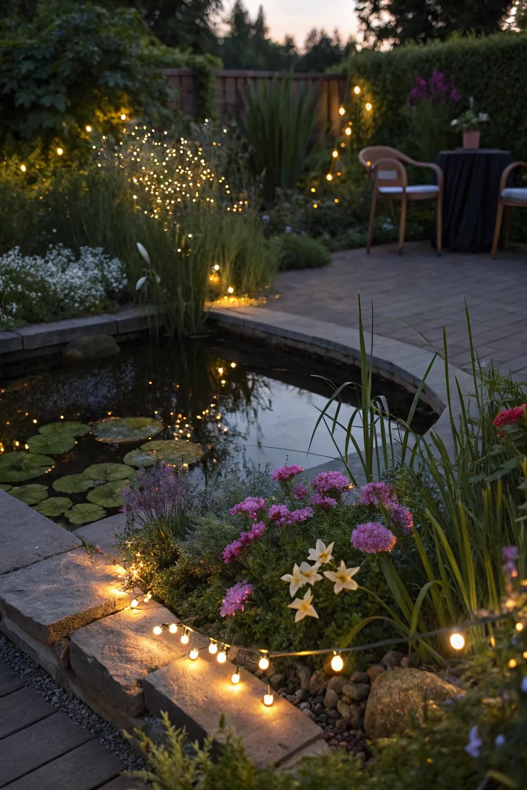 Fairy lights add a magical touch to your pond area.