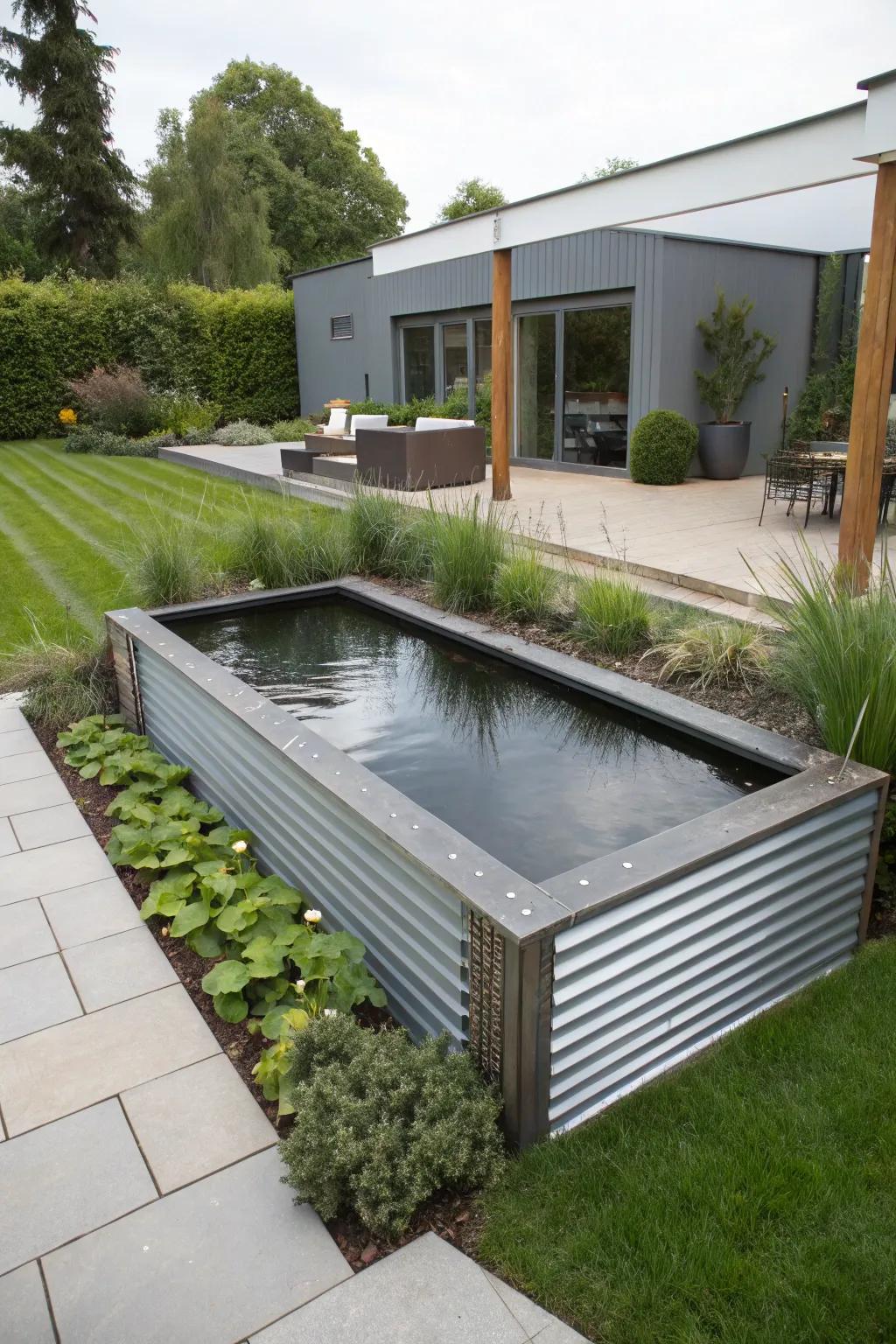 Metal edging adds an industrial, modern touch to this raised pond.