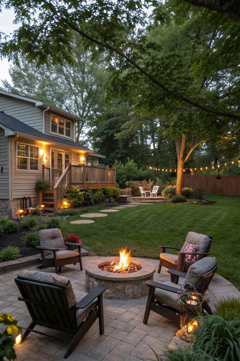 A fire pit area offers a warm gathering spot in your backyard.