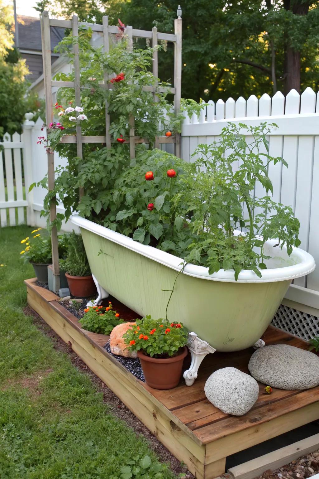 Upcycled containers add personality and sustainability to your garden.