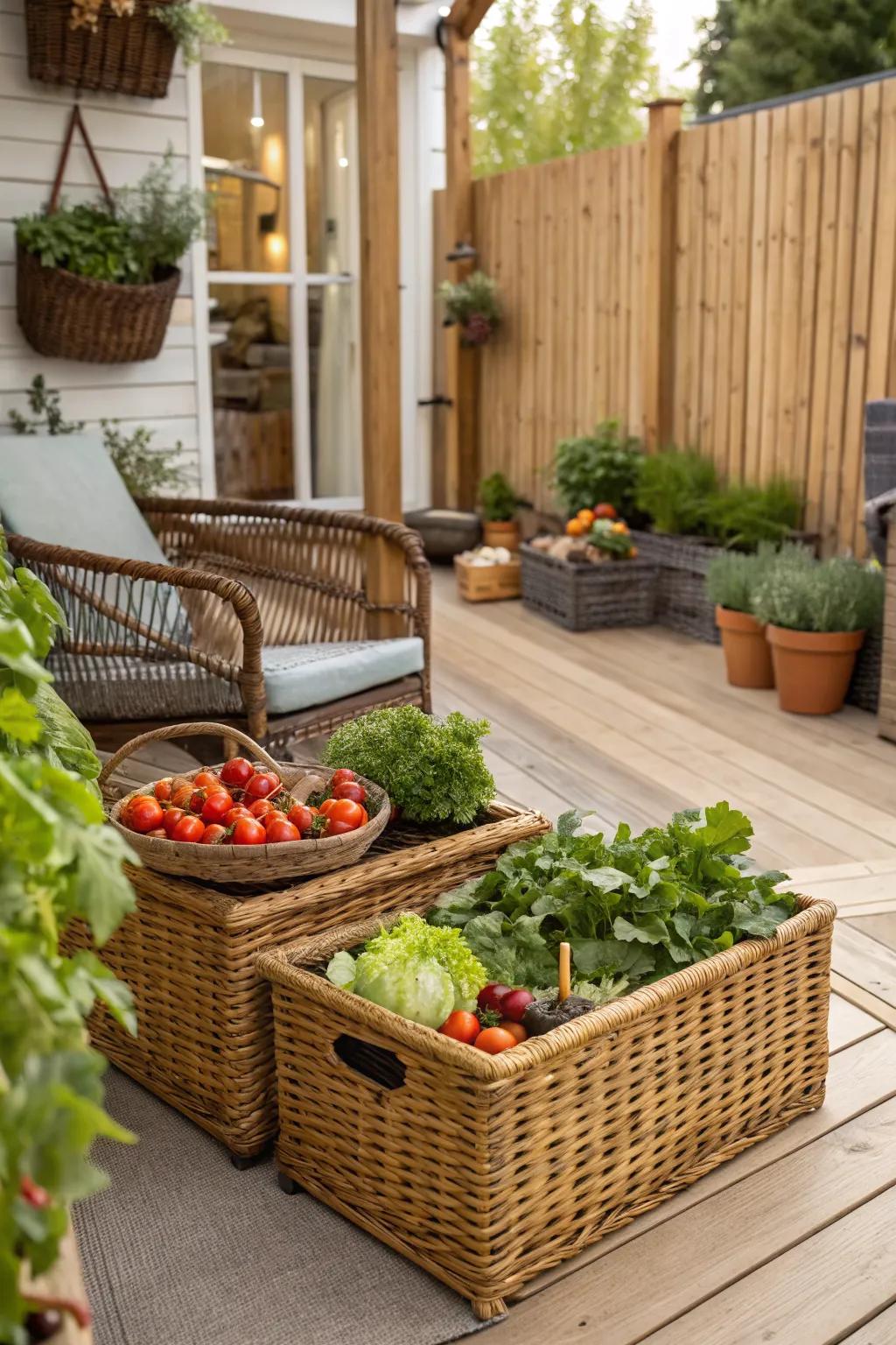 Wicker wall raised garden beds adding a rustic charm to the patio.