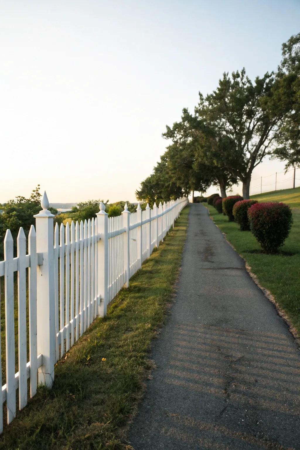 A classic white picket fence, evoking nostalgic charm along the driveway.