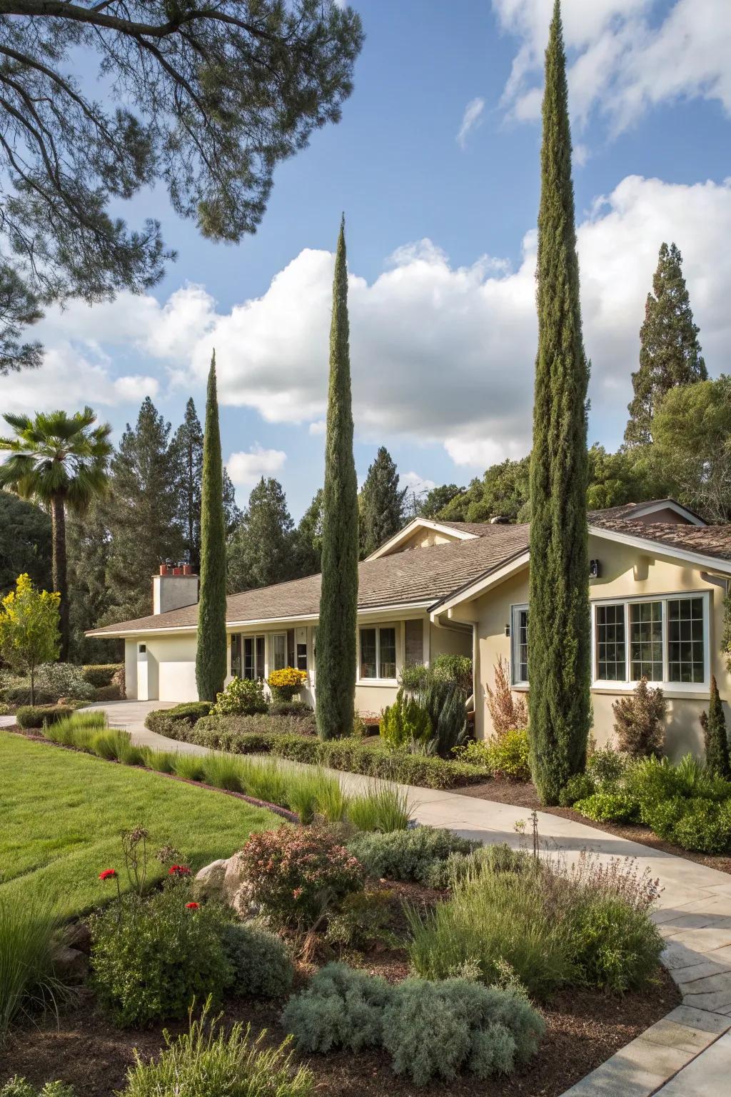 Vertical elements add interest to this ranch home's exterior.
