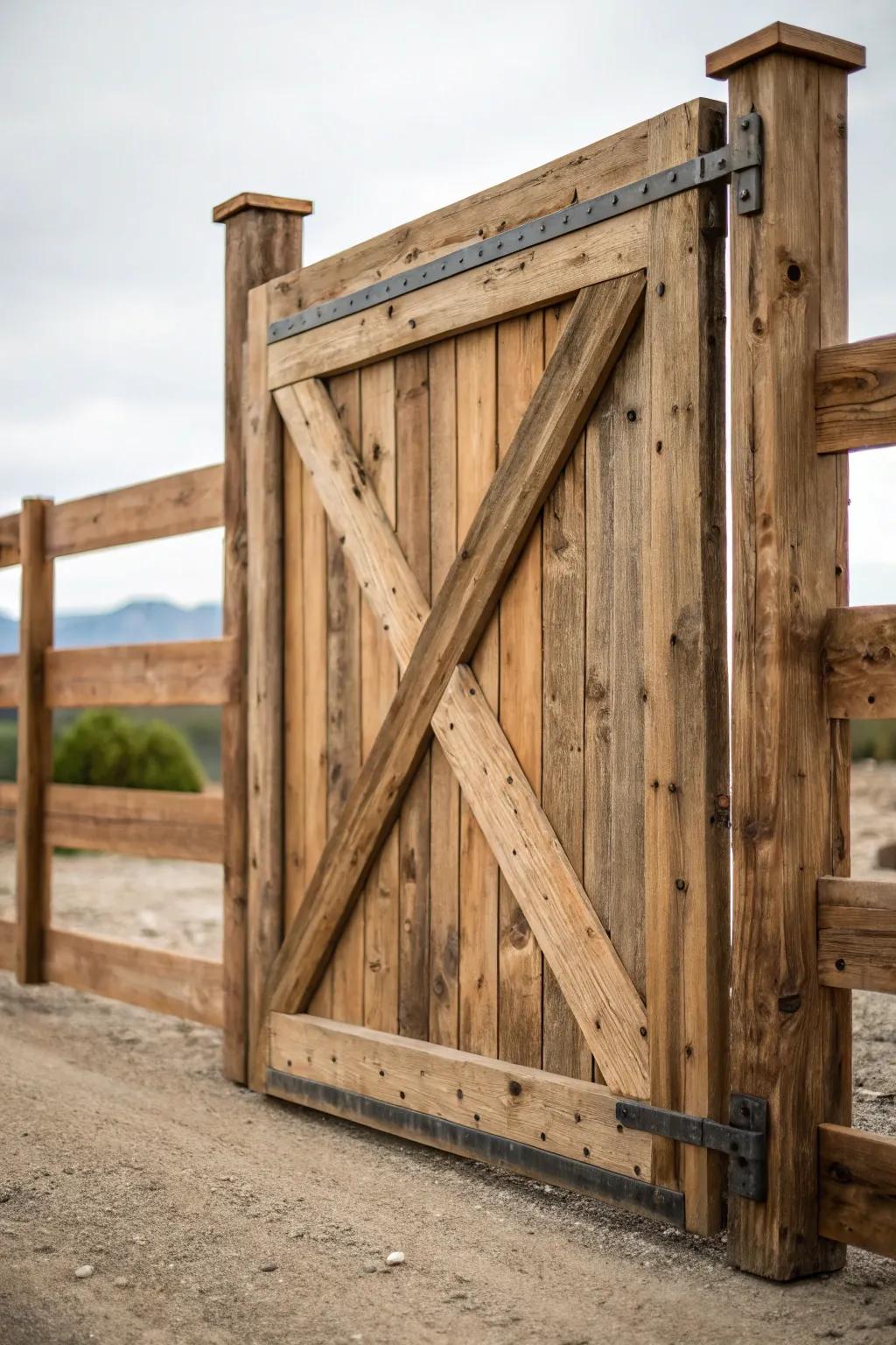 A ranch gate made from reclaimed wood.