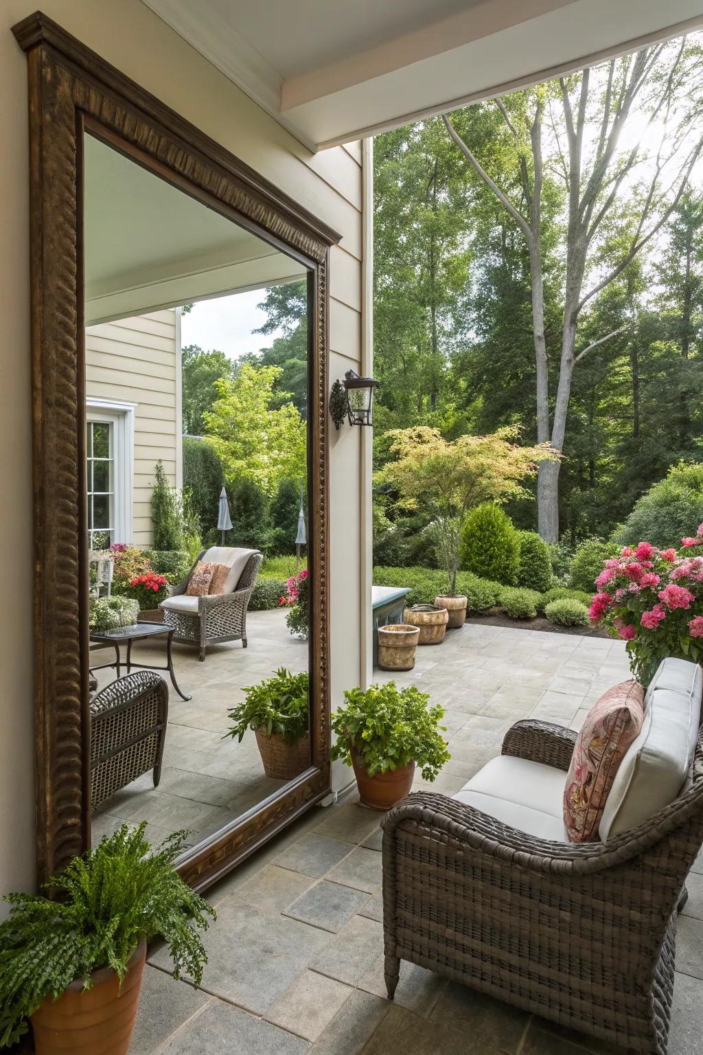 A mirror cleverly enhances light and space on this patio.