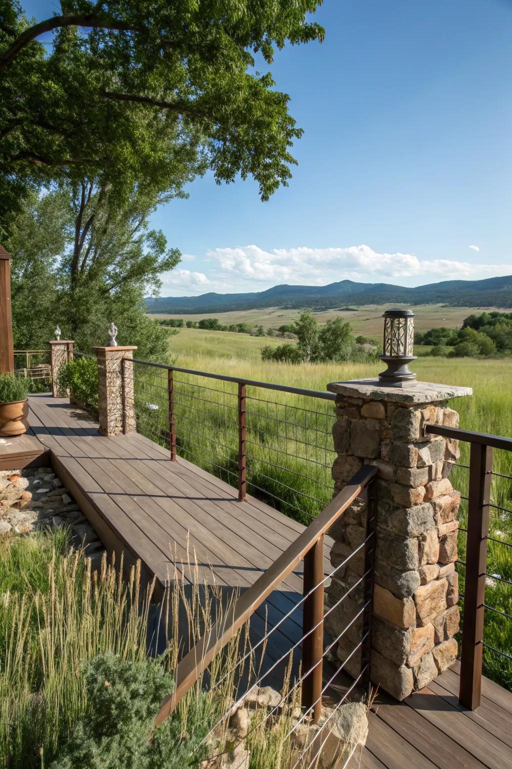Infuse rustic charm with rebar railings and stone accents.