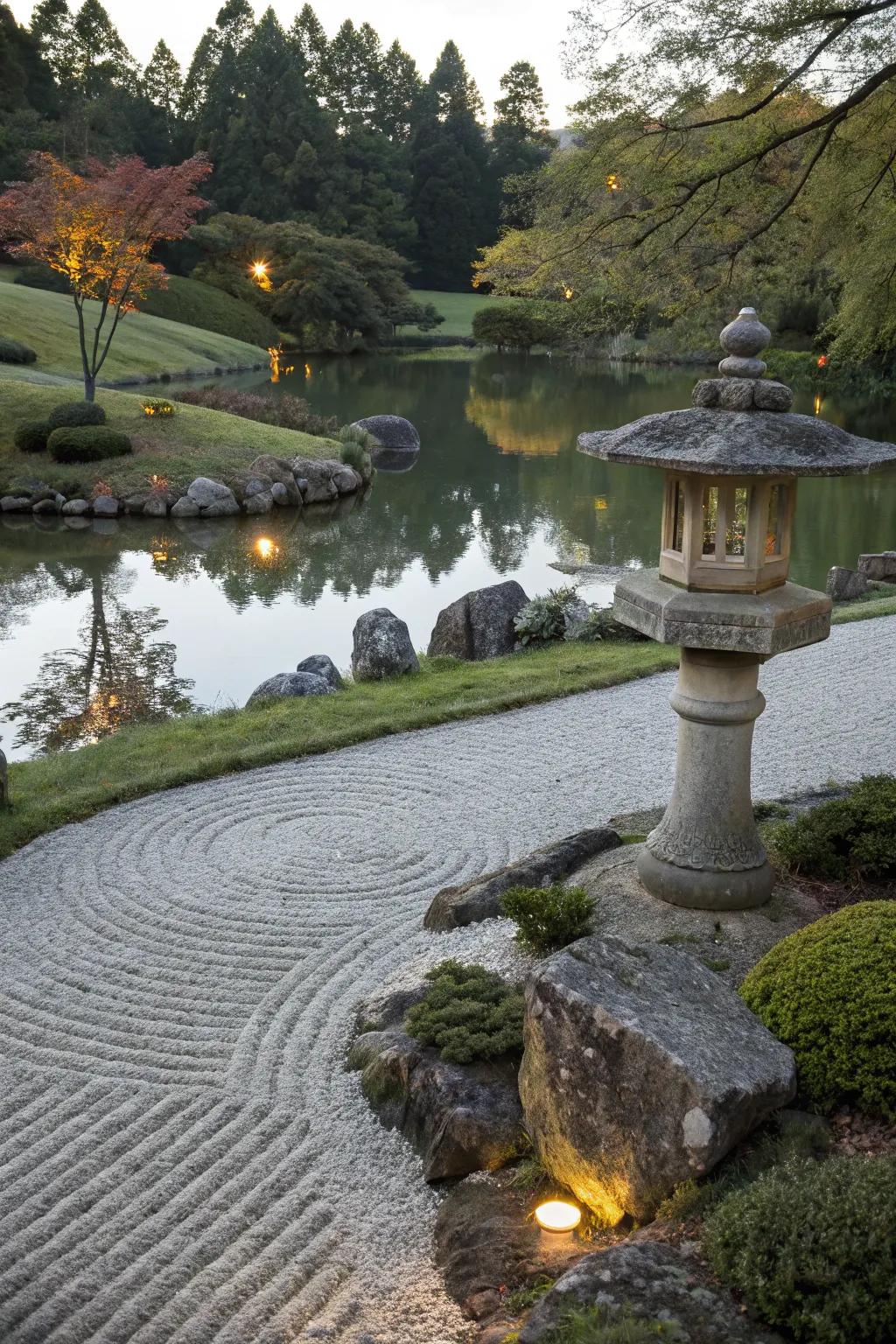 A recreational pond with Zen garden elements, fostering tranquility and peace.