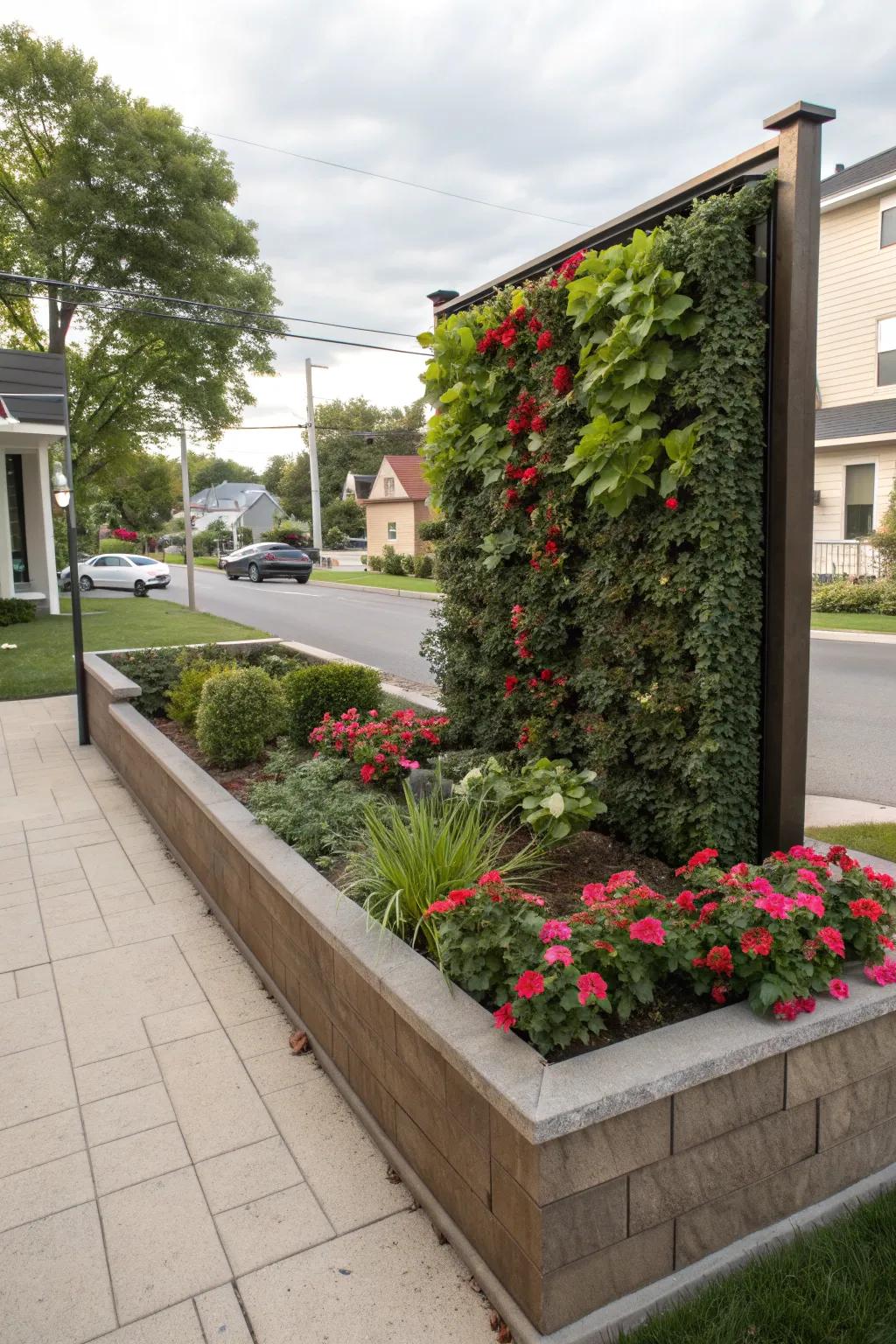 A lush vertical garden behind a rectangular flower bed, adding height and interest.