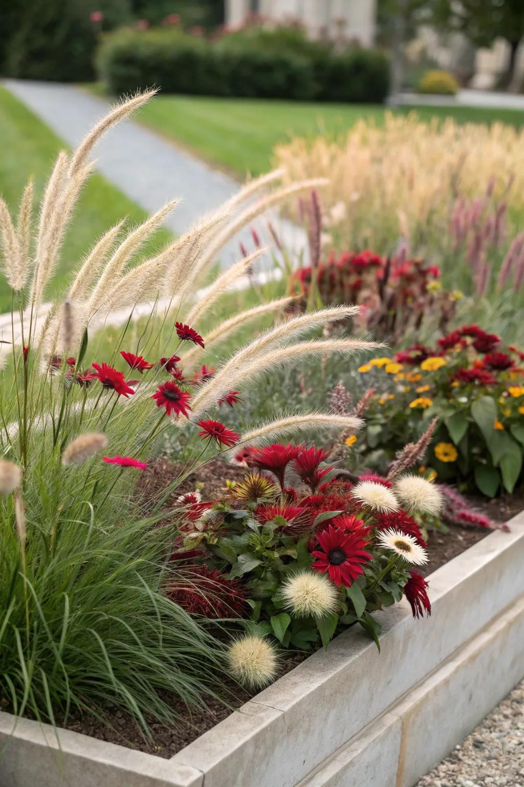 A texturally rich flower bed with contrasting plant forms.
