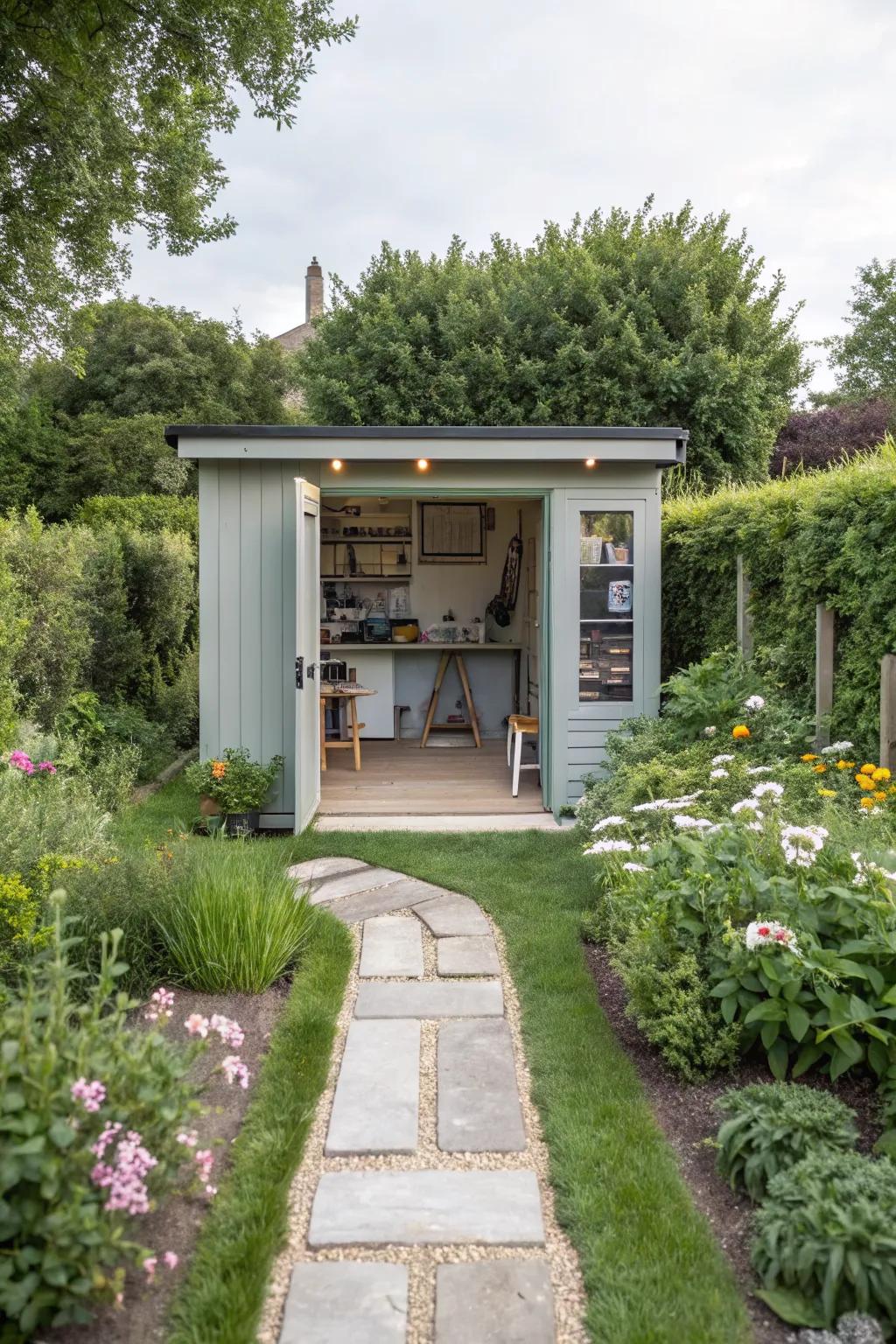 A multifunctional shed adds utility to a rectangular garden