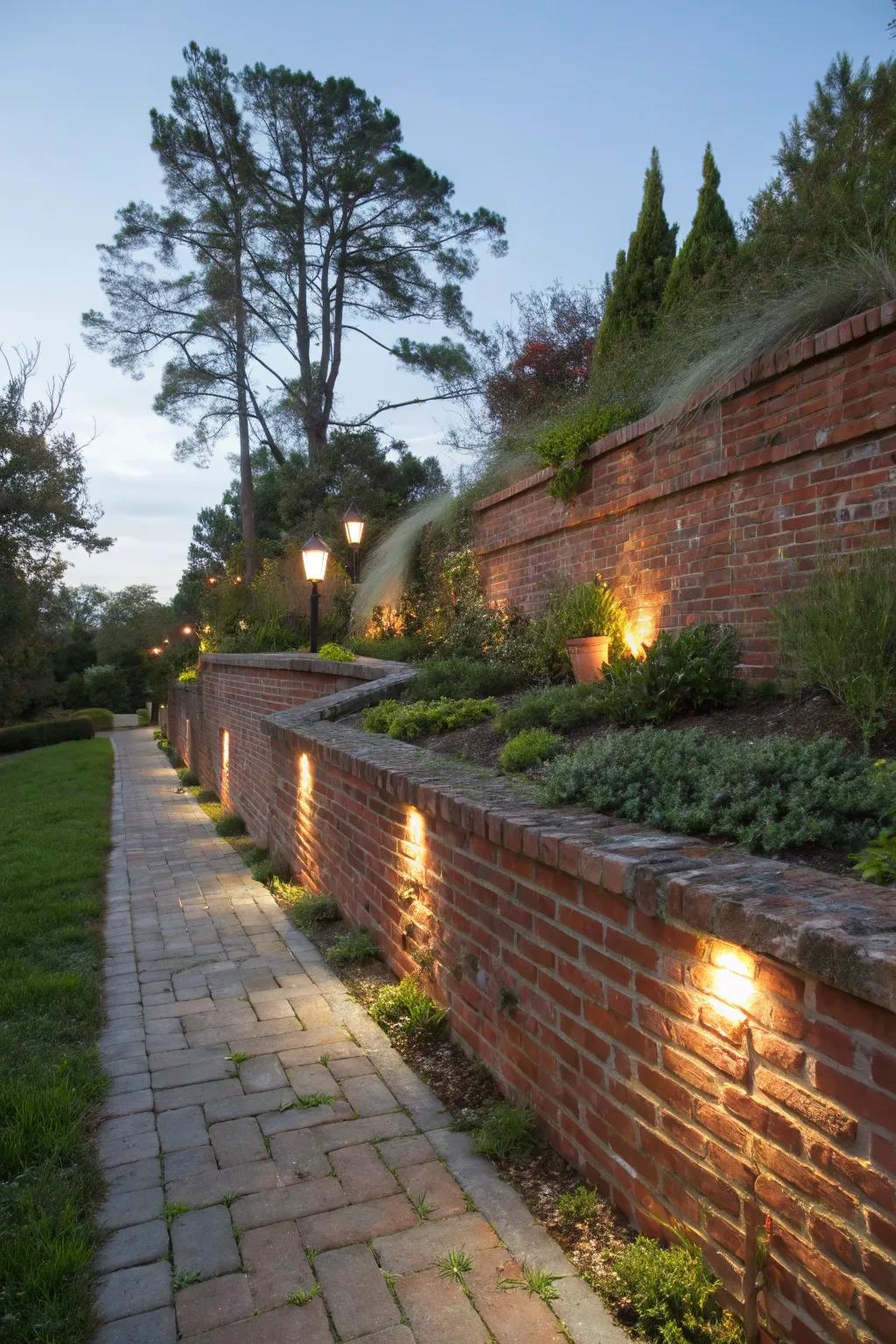 Stunning garden lighting integrated into a red brick wall.