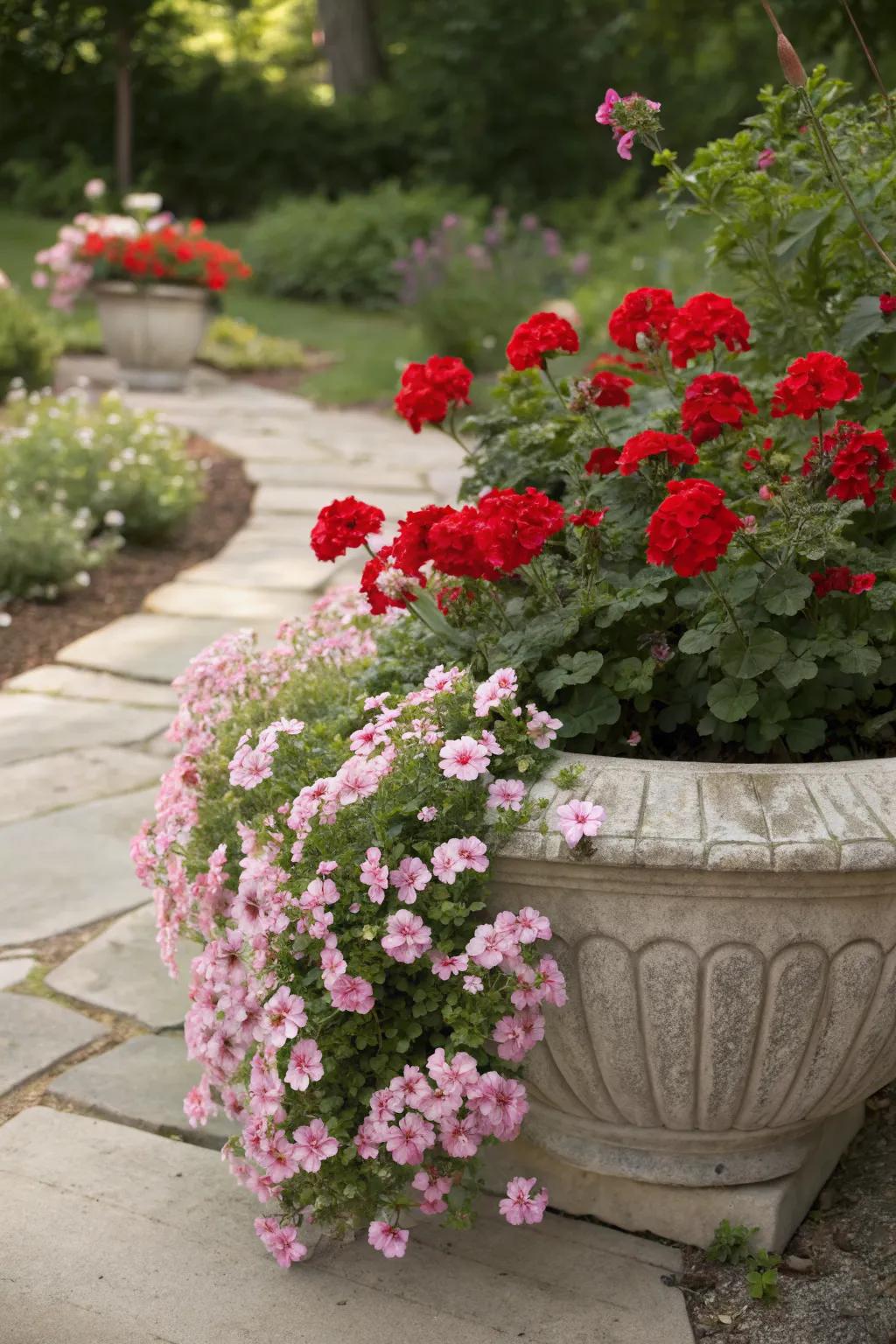 Pastel nemesia provides a soft counterpoint to vibrant red geraniums.