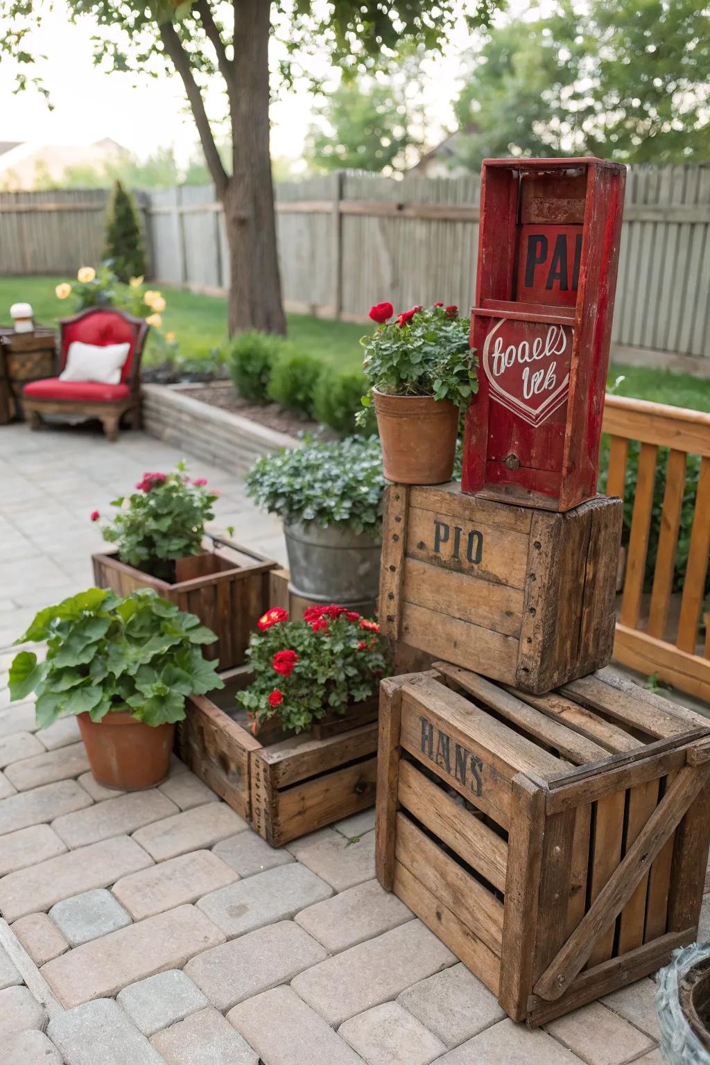 Rustic red elements adding a charming farmhouse vibe to the patio.