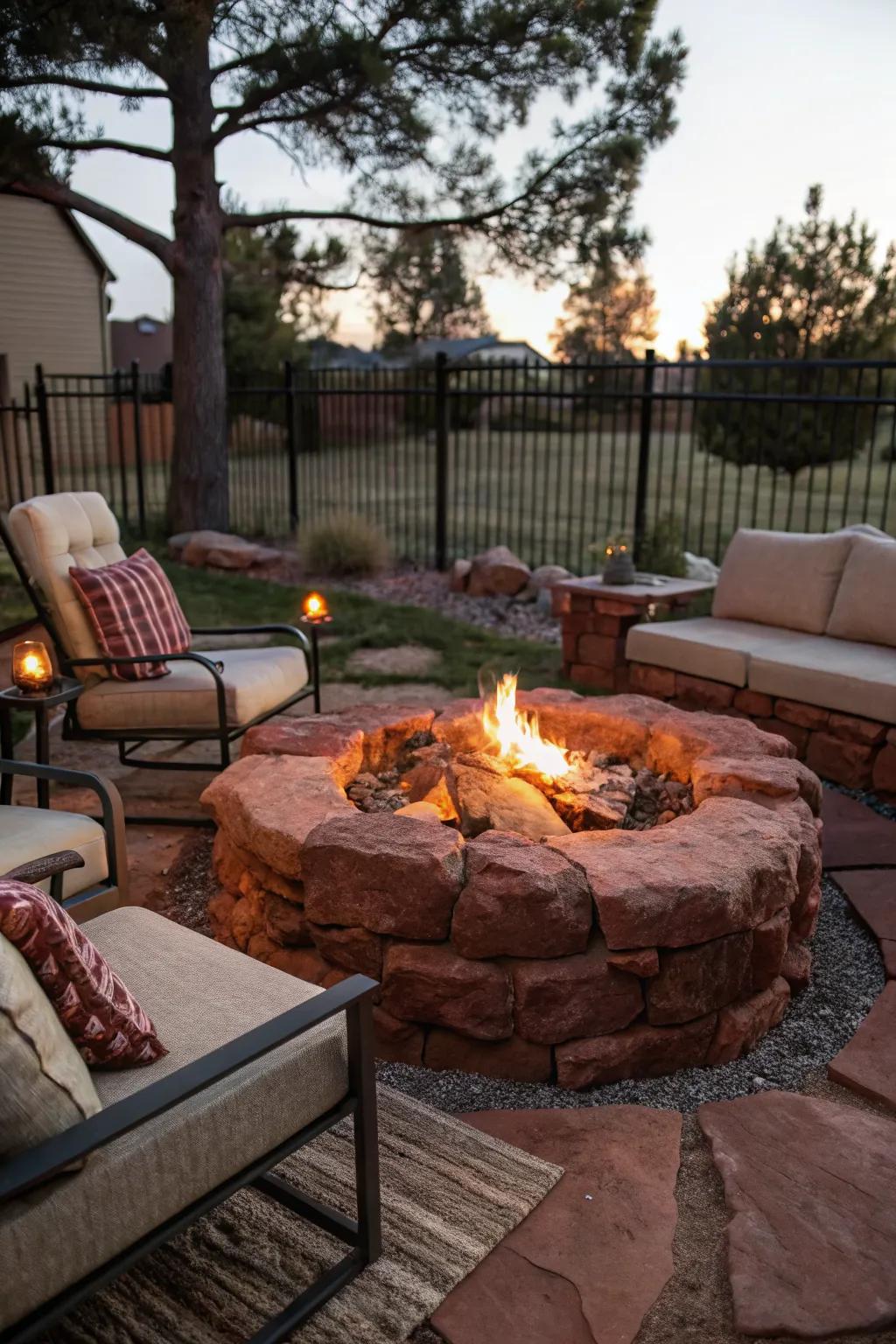 A red rock fire pit offers warmth and a focal point for outdoor gatherings.
