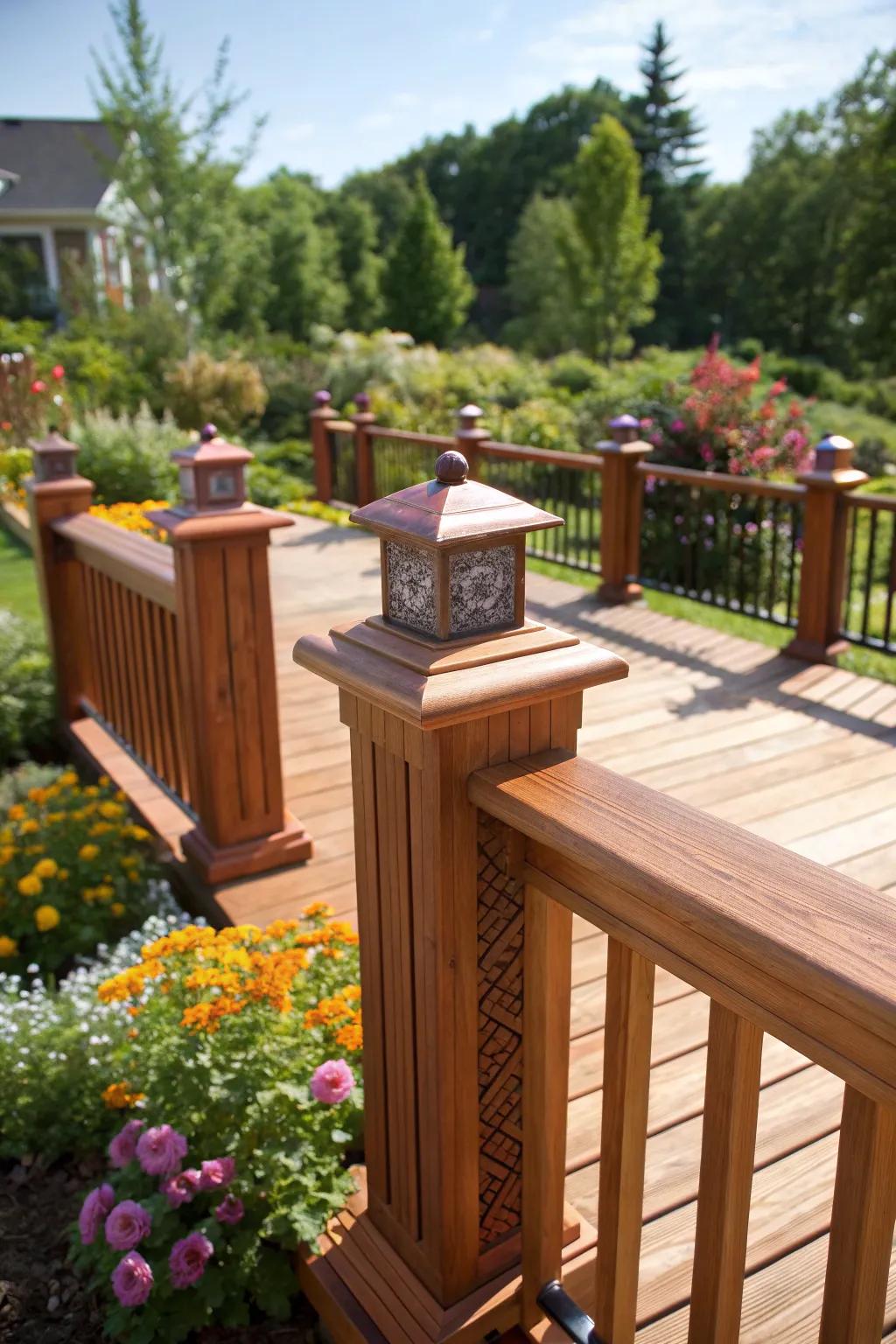 Finish with flair: decorative post caps on a redwood deck.
