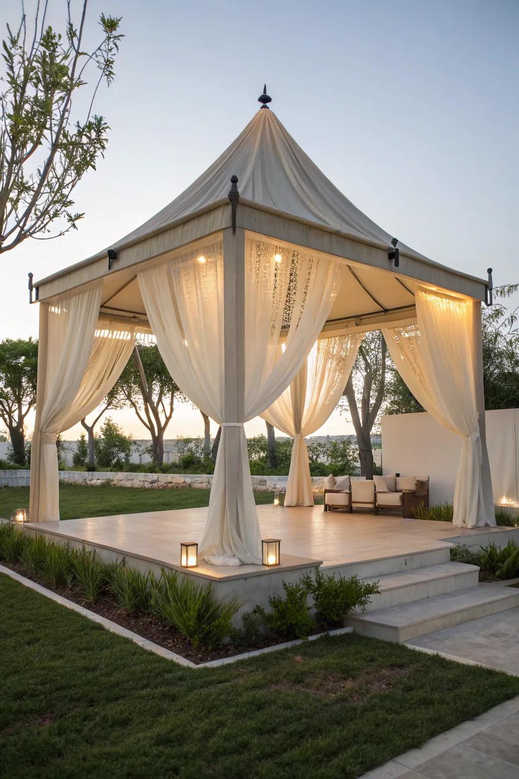 Fabric sails bring a modern, artistic flair to gazebo roofing.