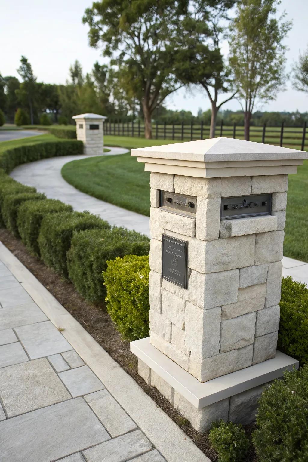 Built-in mail slots add to the sleekness of this stone mailbox.