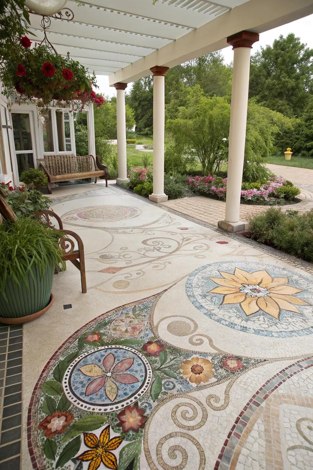 A resin patio featuring artistic mosaic details.