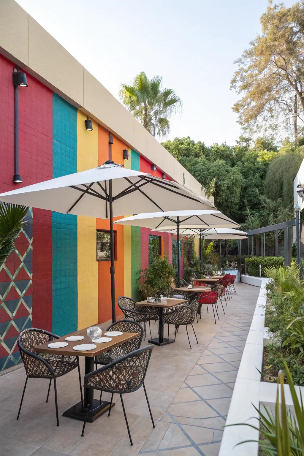 Accent walls add color and interest to outdoor dining areas.