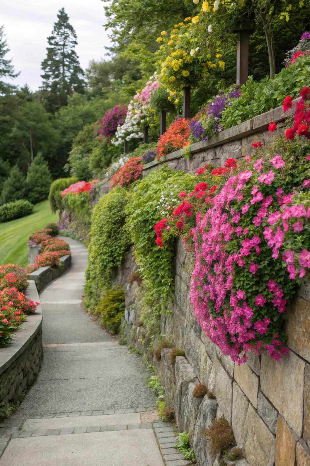 Colorful plants soften and beautify retaining walls.
