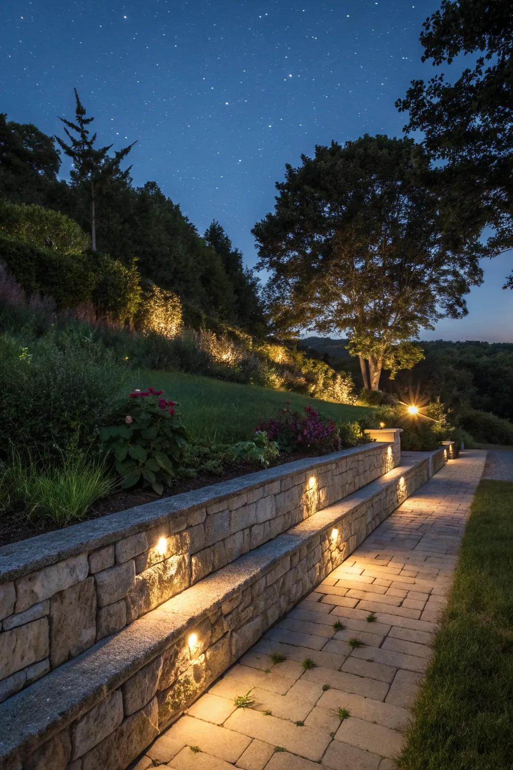 Lighting enhances the ambiance of retaining walls.