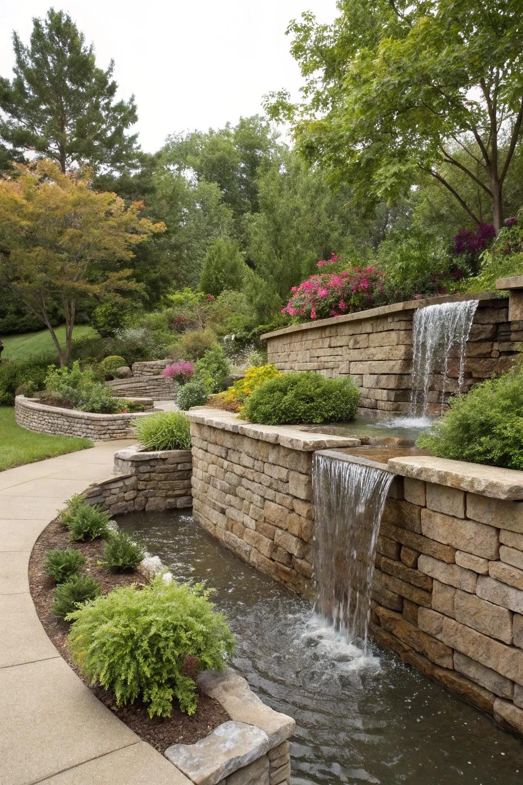 A retaining wall featuring a calming waterfall surrounded by greenery.