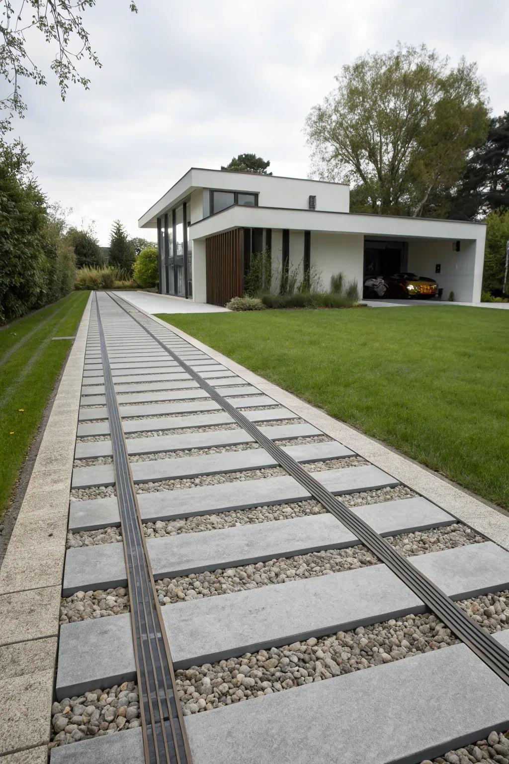 A minimalist ribbon driveway with sleek metal strips and a gravel center.