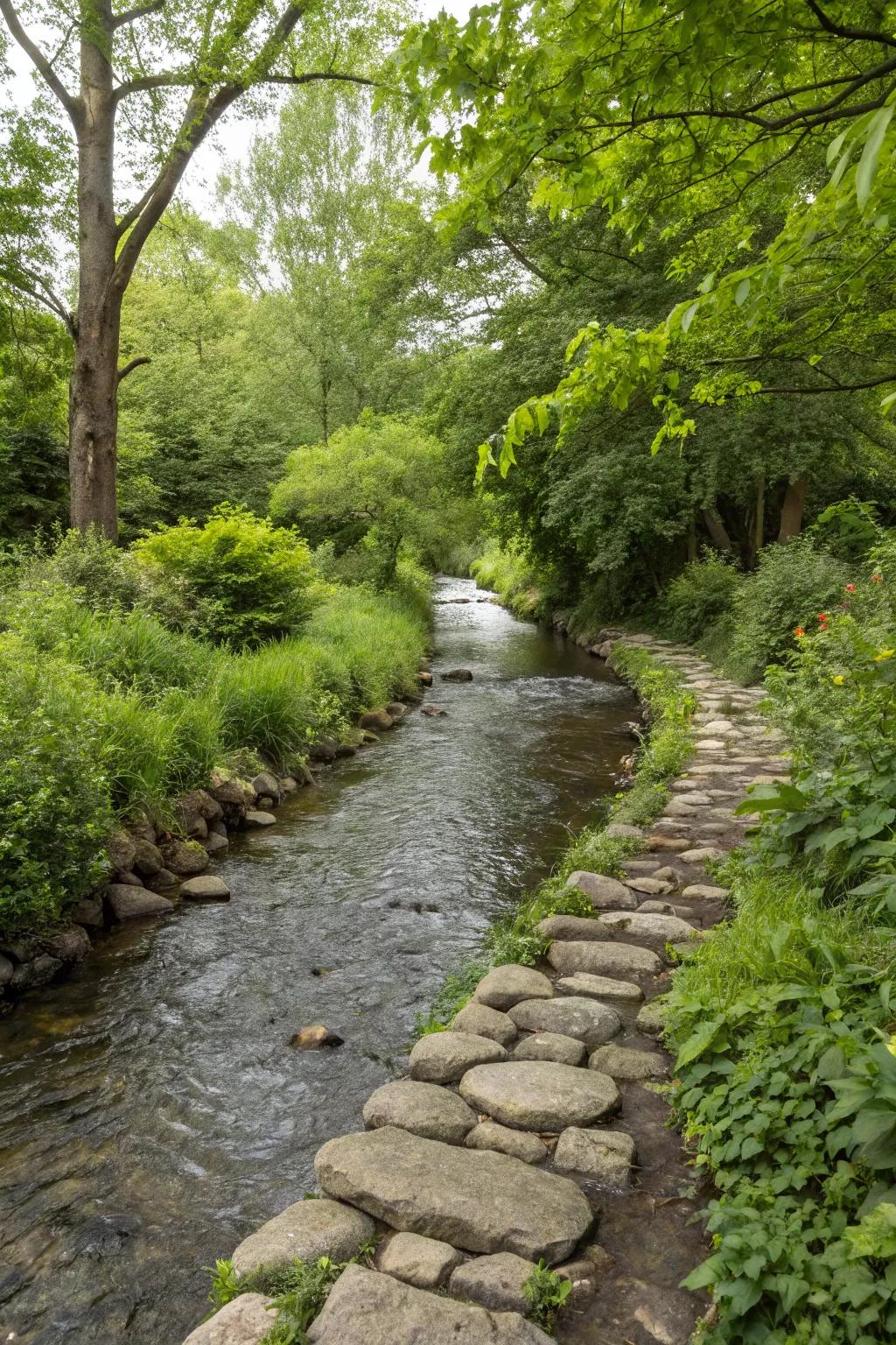 Riprap stones protecting and enhancing a stream bank in a garden.