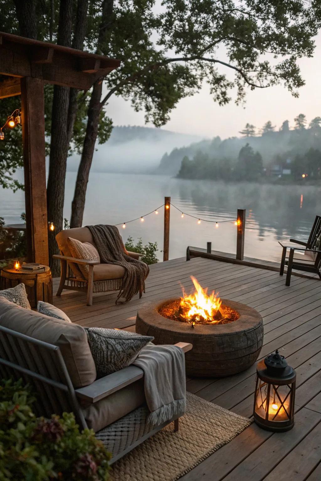 A warm and inviting fire pit area on the dock for evening relaxation.