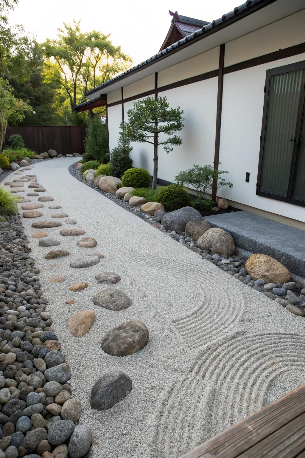 Tranquil Zen garden-inspired river rock driveway border.