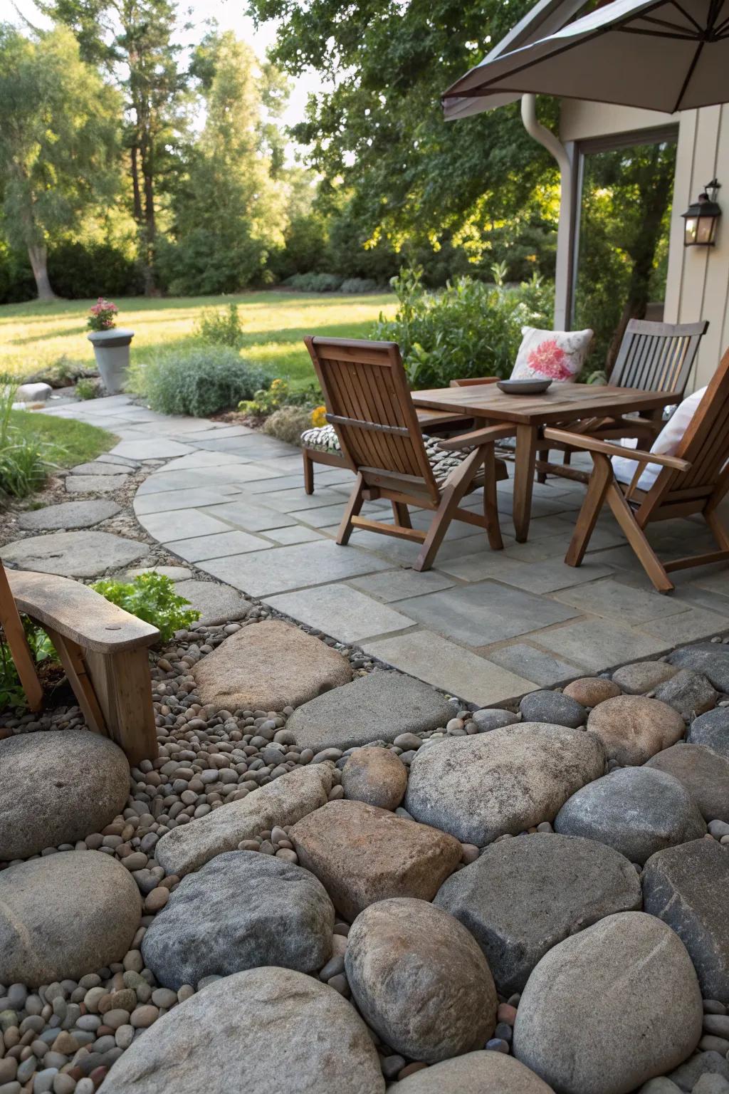A natural stone patio offers a rustic, earthy charm.
