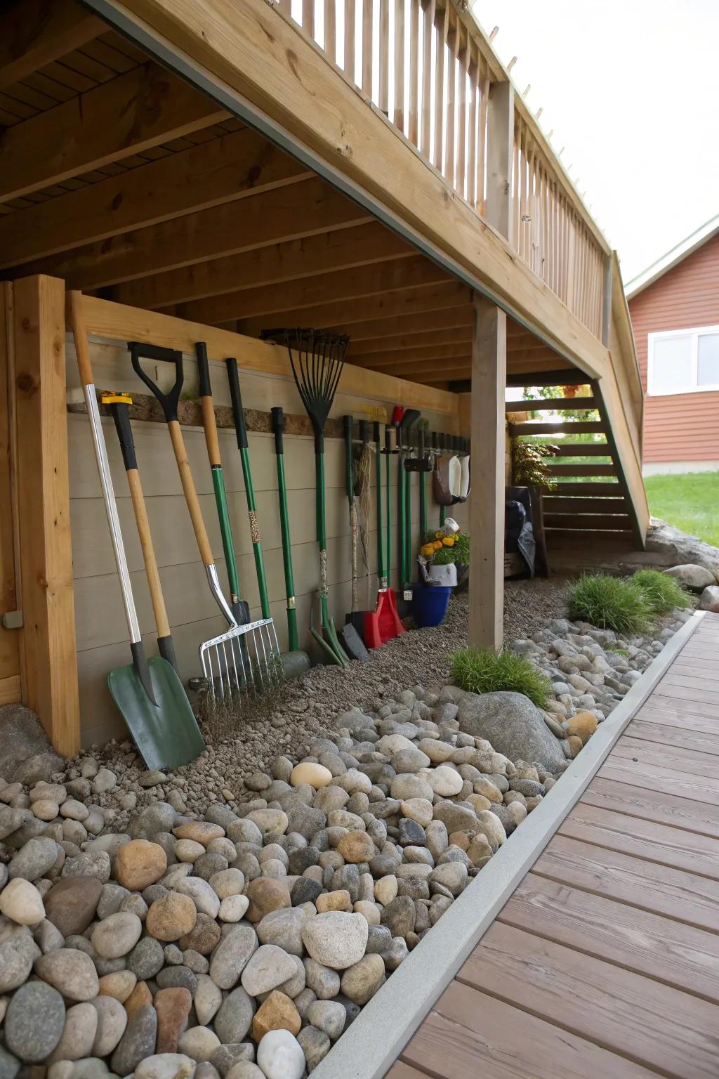 Storage area with river rocks under the deck.