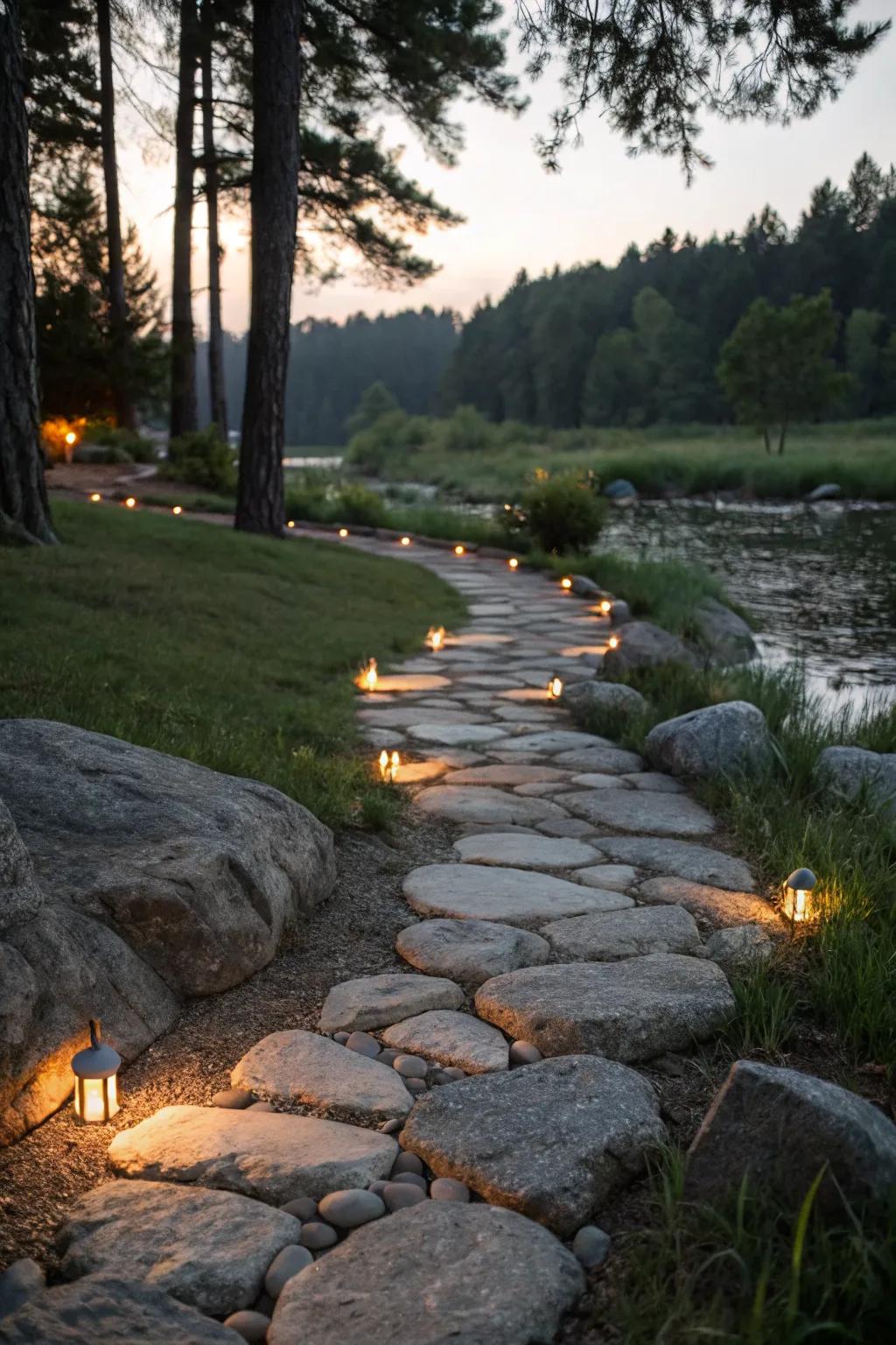 Hidden lighting illuminates the river rock path.