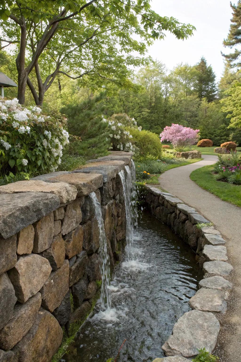 A harmonious rock fence integrated with a soothing water feature.
