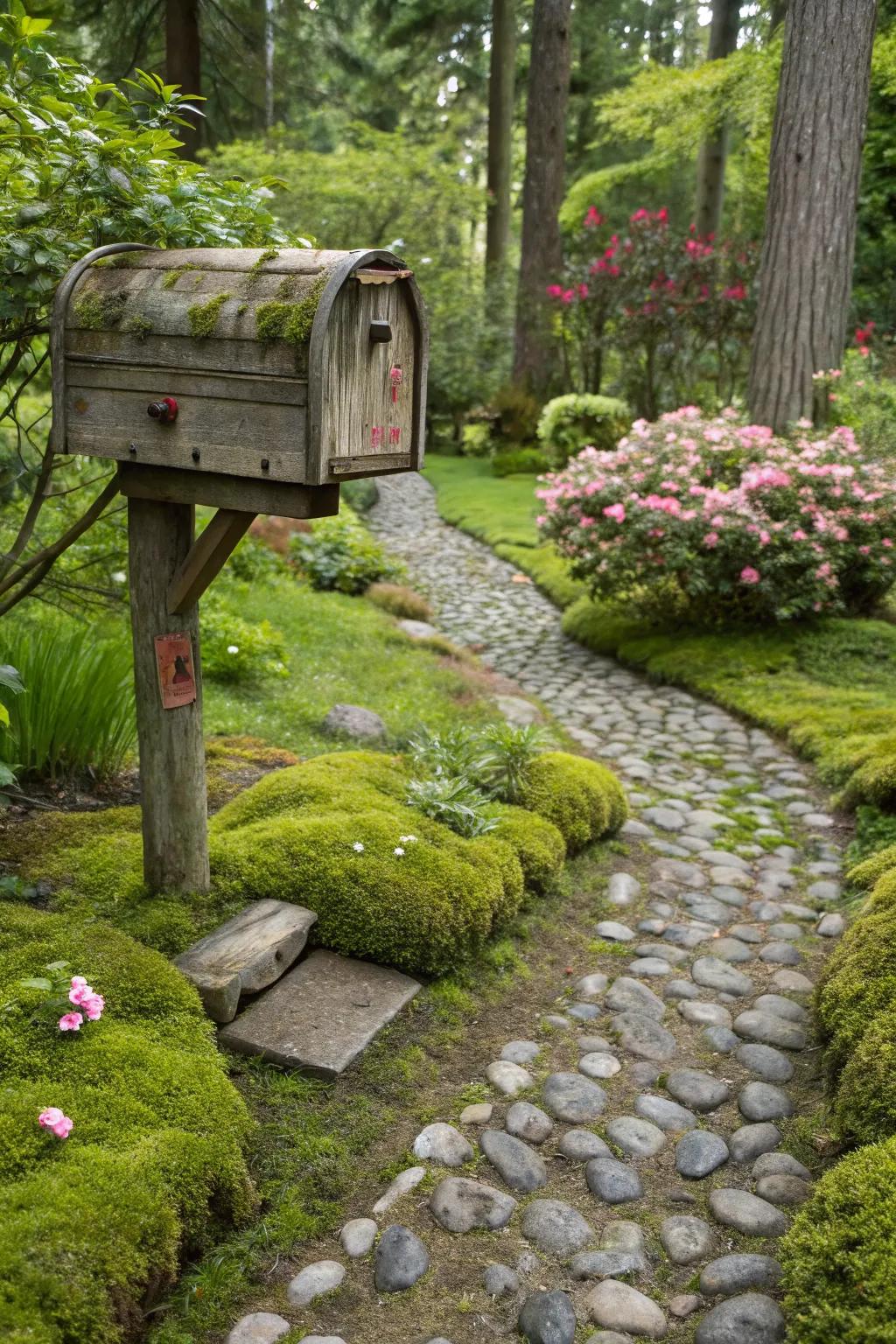 A moss-covered stone mailbox that brings a magical woodland feel to your home.