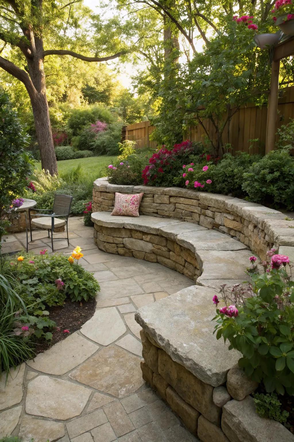 Curved rock walls create inviting garden nooks.