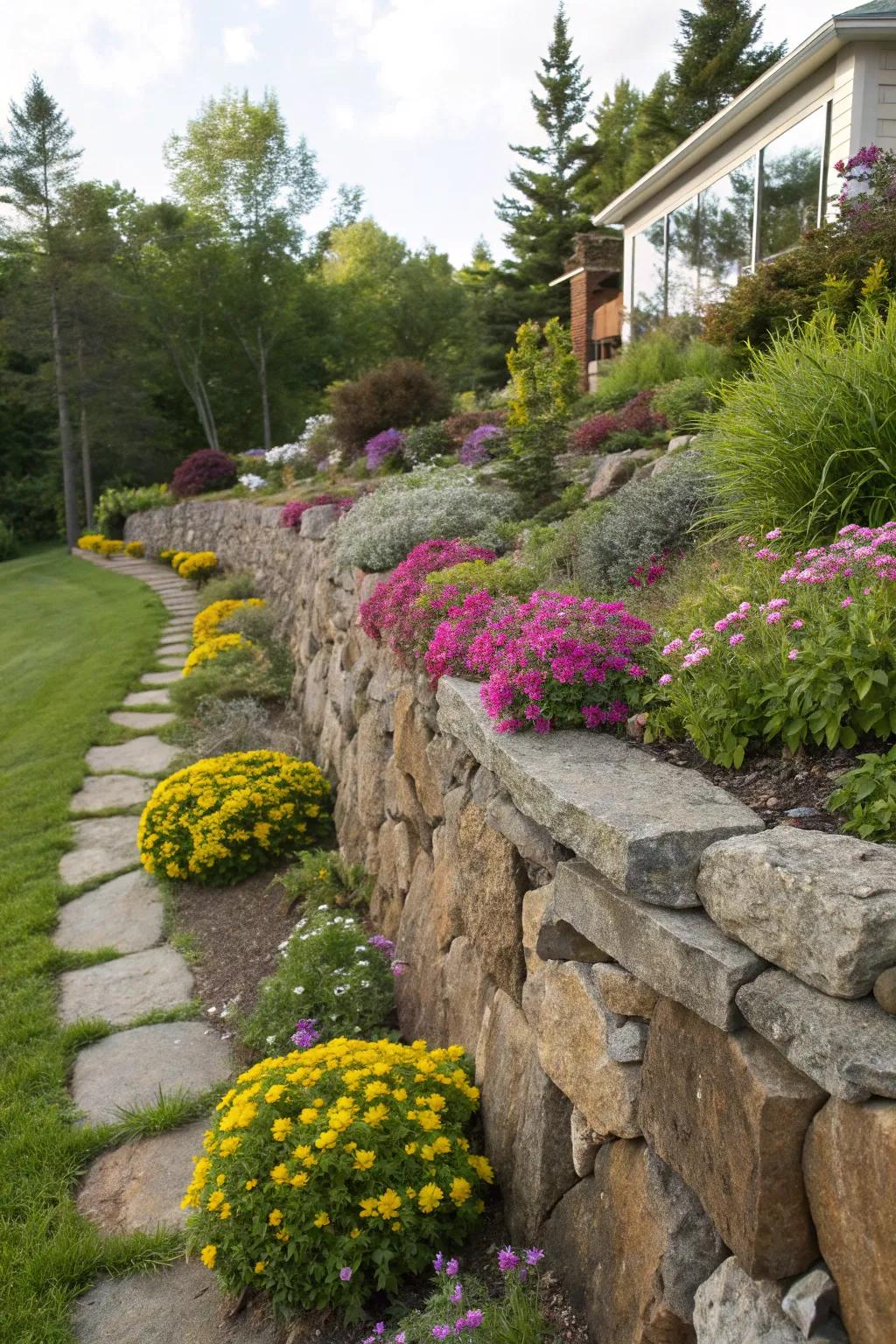 Varying stone colors add personality to rock wall gardens.