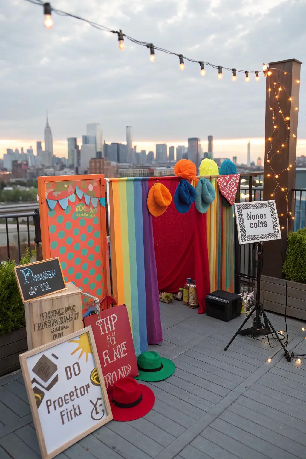 Capture memories with a fun photo booth setup at your rooftop party.