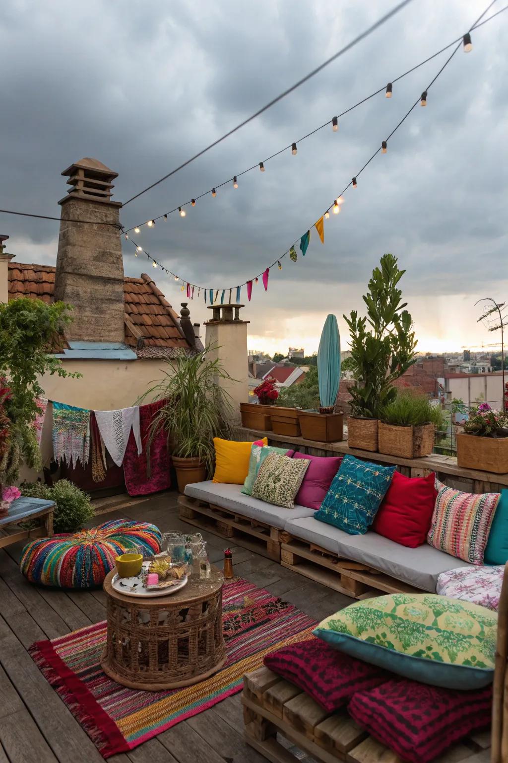 A rooftop deck radiating colorful bohemian vibes.
