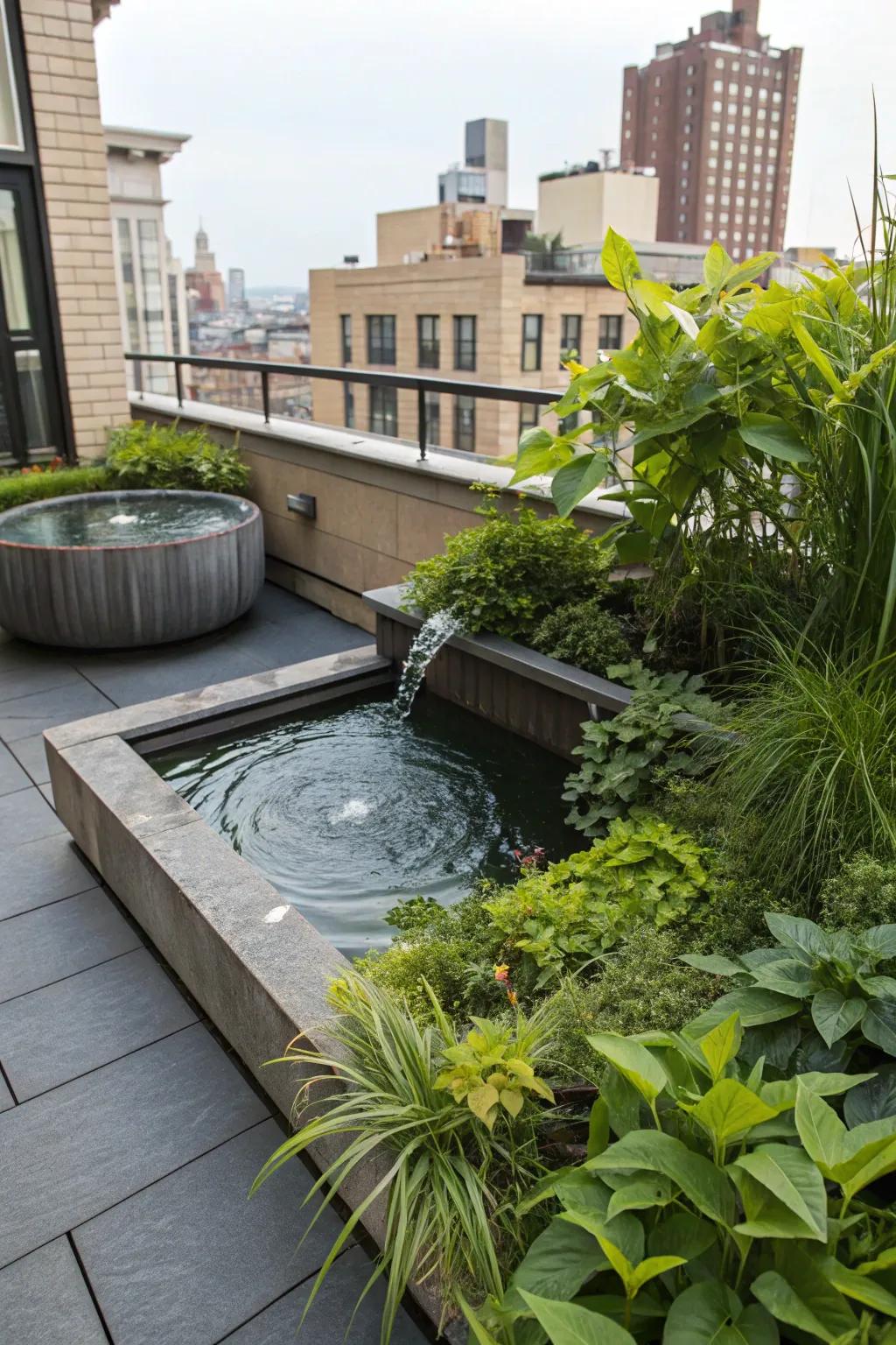 A water feature adds a serene element to your rooftop.