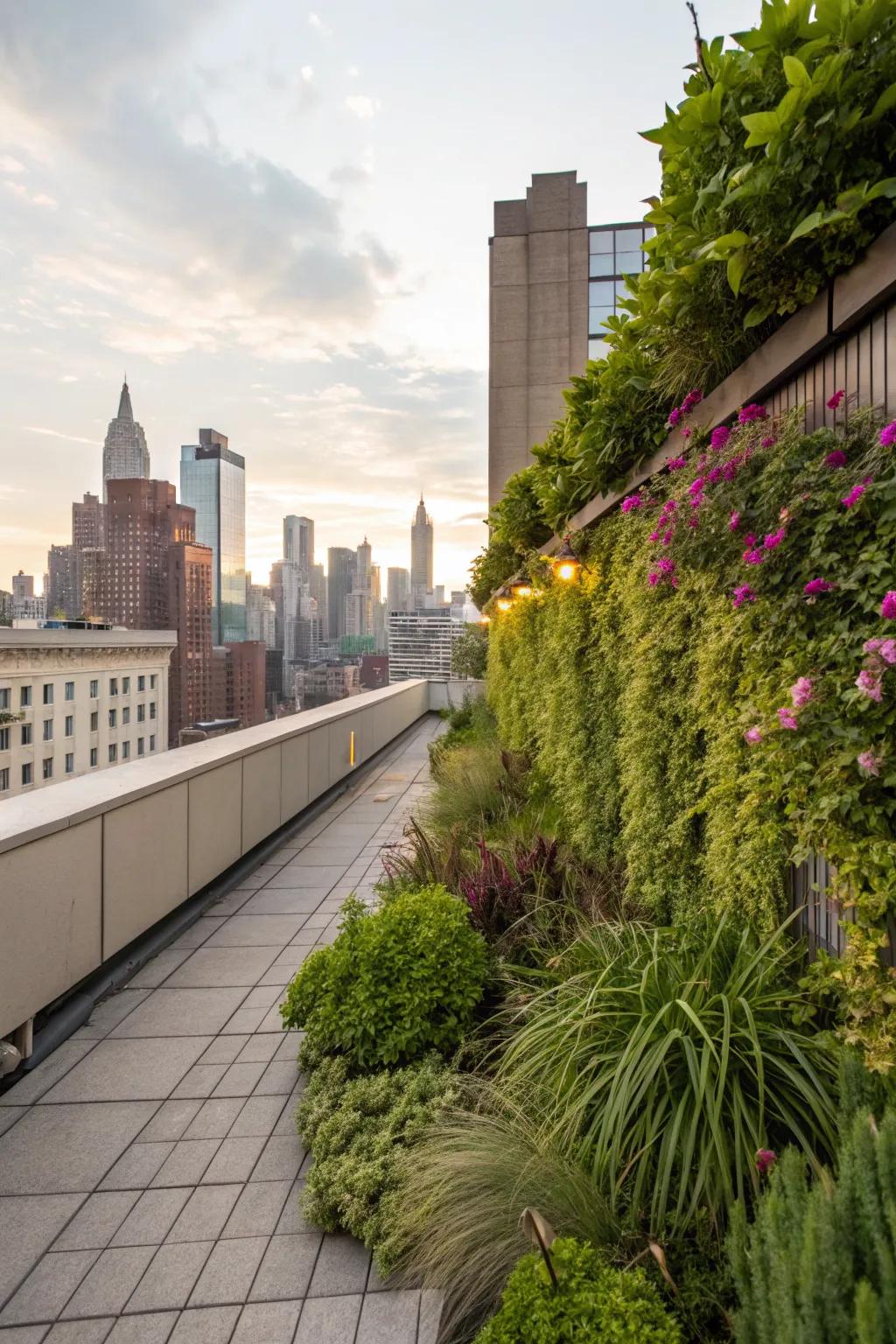 A vertical garden bringing abundant greenery to the rooftop.